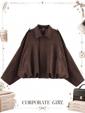 Faux Suede Bomber Jacket Oversized Cropped Lapel Pilot Coat Zip Streetwear